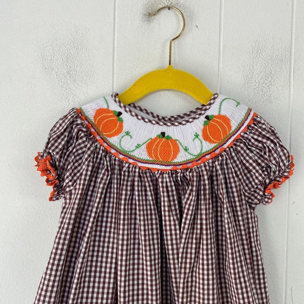 Marmellata Girls sz 3T Brown Gingham Smocked Pumpkin Thanksgiving Dress